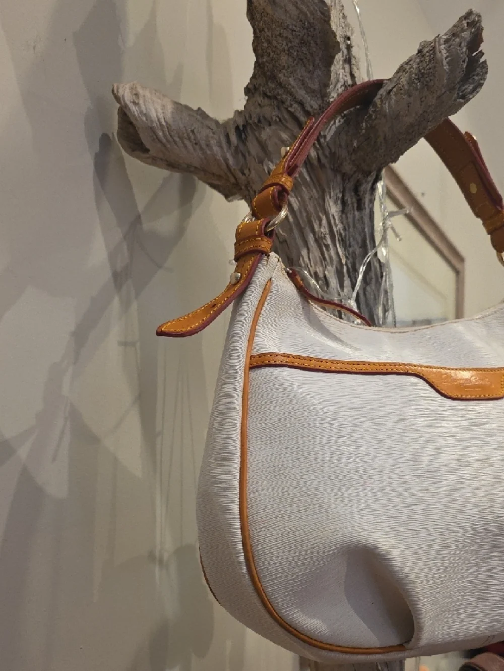 Dooney & Bourke Cream Shoulder Bag with Tan Trim and Brown Strap